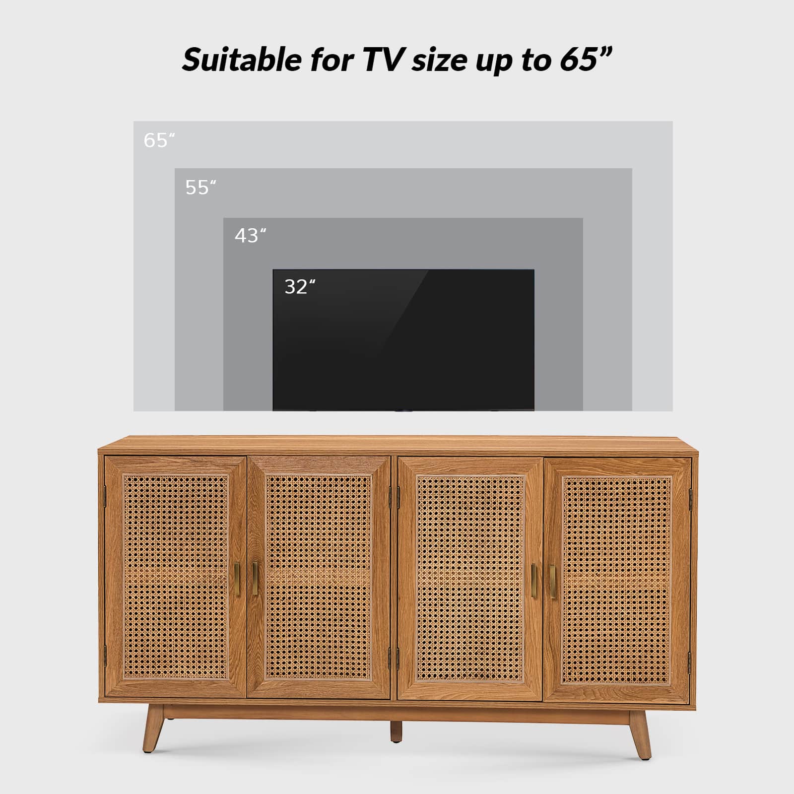 Meuble TV de 65 po avec 4 portes en rotin, 2 étagères intérieures et pieds en bois massif | Noyer / Noir / Chêne | Simple
