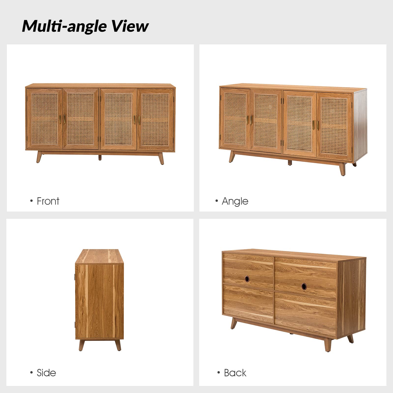 Meuble TV de 65 po avec 4 portes en rotin, 2 étagères intérieures et pieds en bois massif | Noyer / Noir / Chêne | Simple