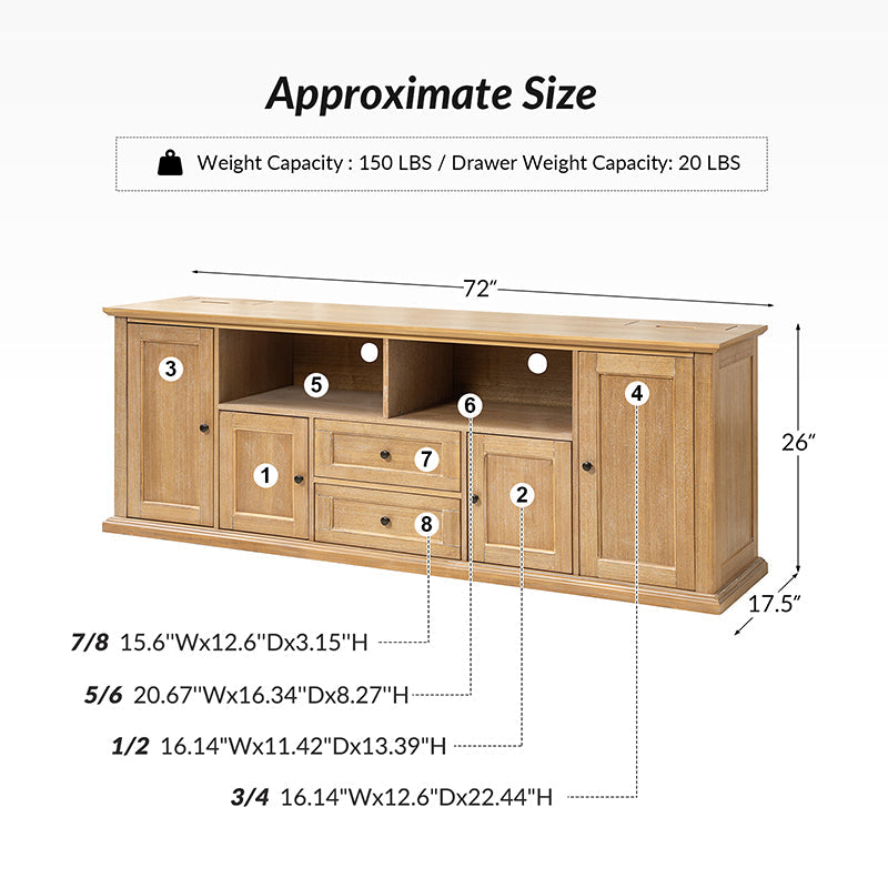 Meuble TV traditionnel avec 4 armoires, 2 tiroirs, prises intégrées et éclairage LED | Seadrift / Noyer | Simple