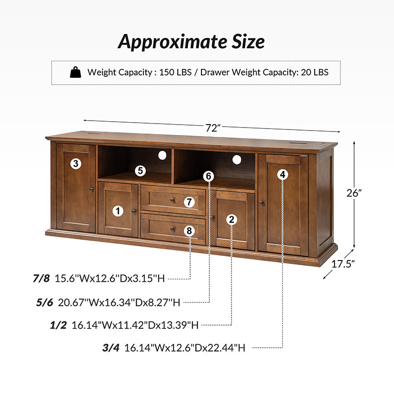 Meuble TV traditionnel avec 4 armoires, 2 tiroirs, prises intégrées et éclairage LED | Seadrift / Noyer | Simple