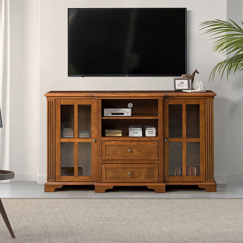 Meuble TV pour téléviseurs jusqu'à 65 pouces avec placards vitrés, 2 tiroirs, étagères ouvertes et gestion des câbles | Chêne / Noyer | Simple
