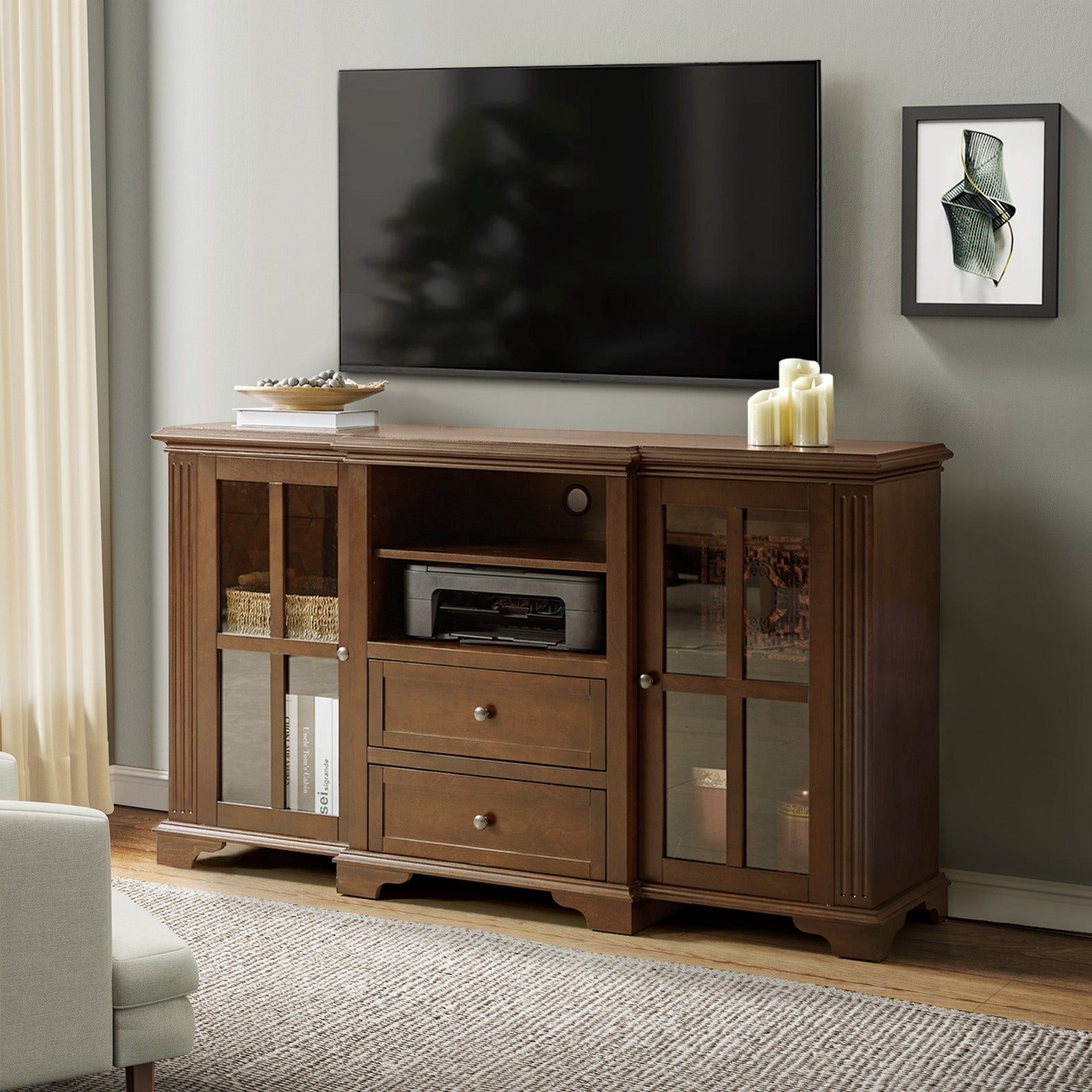 Meuble TV pour téléviseurs jusqu'à 65 pouces avec placards vitrés, 2 tiroirs, étagères ouvertes et gestion des câbles | Chêne / Noyer | Simple