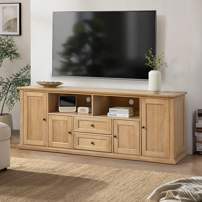 Meuble TV traditionnel avec 4 armoires, 2 tiroirs, prises intégrées et éclairage LED | Seadrift / Noyer | Simple