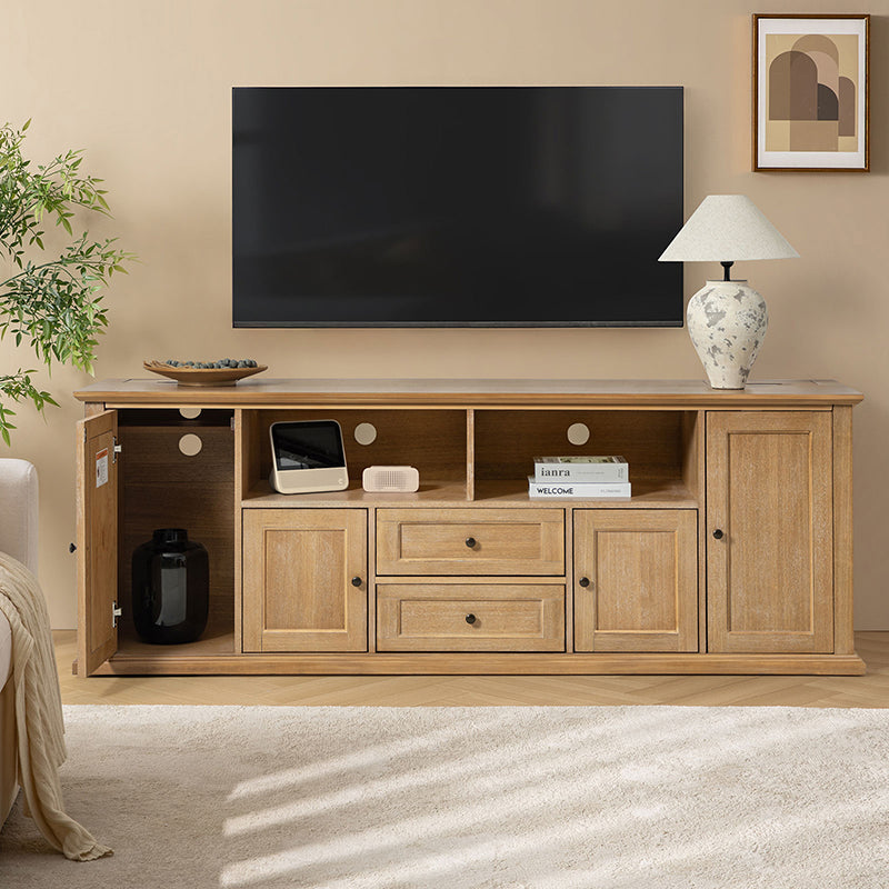 Meuble TV traditionnel avec 4 armoires, 2 tiroirs, prises intégrées et éclairage LED | Seadrift / Noyer | Simple