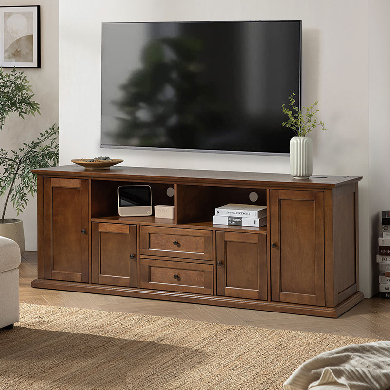 Meuble TV traditionnel avec 4 armoires, 2 tiroirs, prises intégrées et éclairage LED | Seadrift / Noyer | Simple