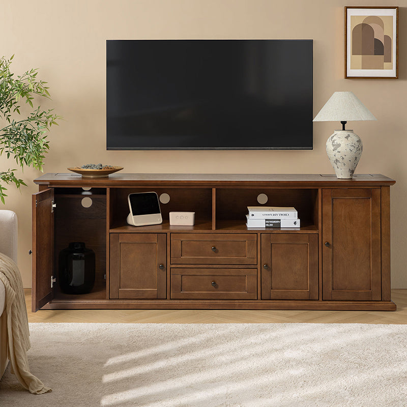 Meuble TV traditionnel avec 4 armoires, 2 tiroirs, prises intégrées et éclairage LED | Seadrift / Noyer | Simple
