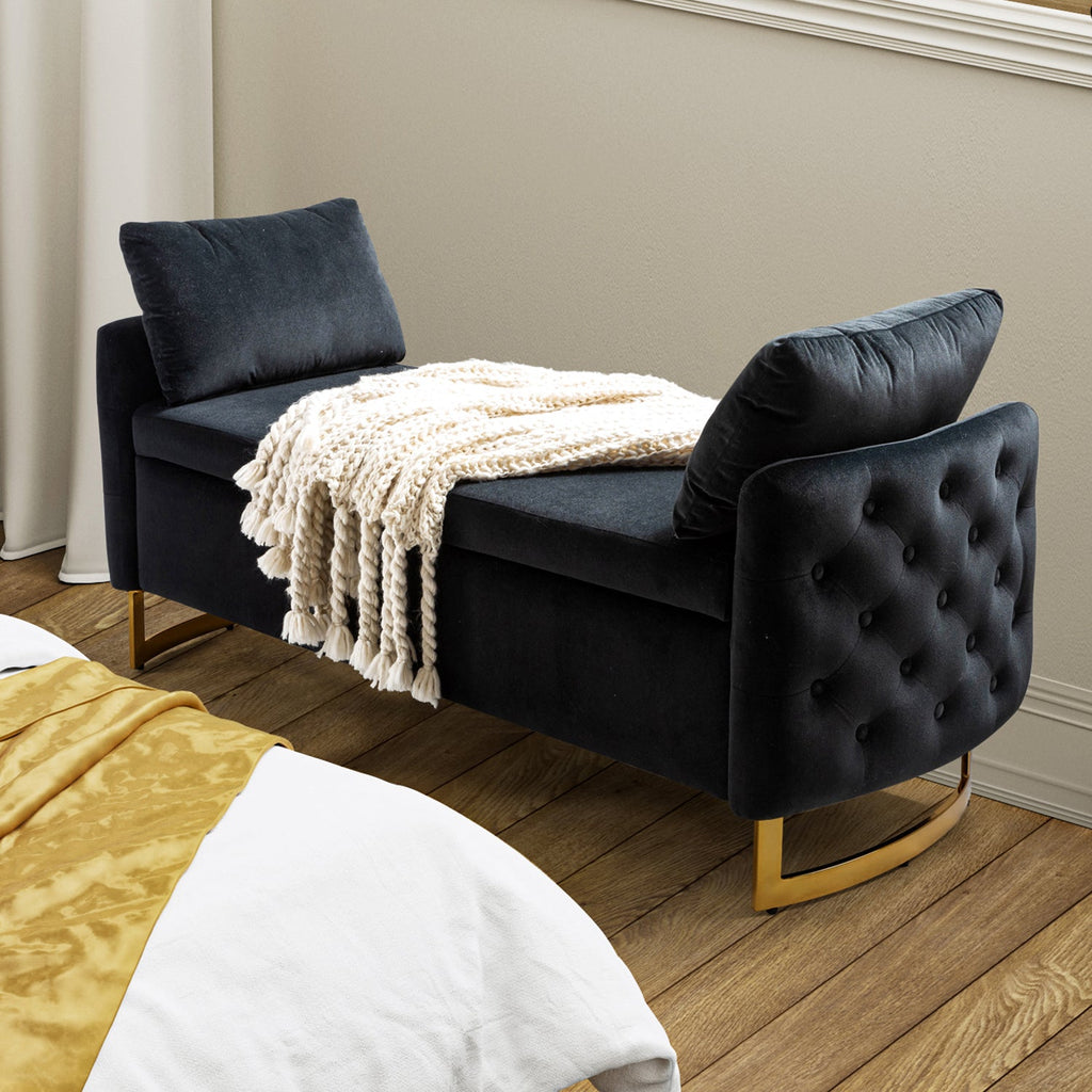 Banc de rangement capitonné avec accoudoirs, dessus relevable, rembourrage en mousse et pieds dorés | Ivoire / Moutarde / Noir / Bleu marine / Sarcelle | Simple
