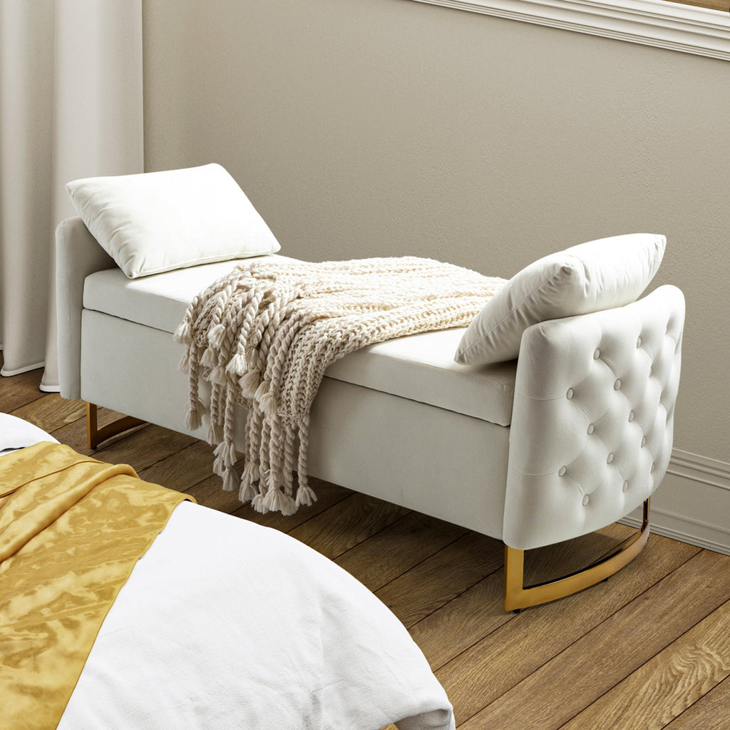 Banc de rangement capitonné avec accoudoirs, dessus relevable, rembourrage en mousse et pieds dorés | Ivoire / Moutarde / Noir / Bleu marine / Sarcelle | Simple