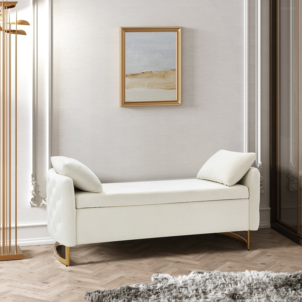 Banc de rangement capitonné avec accoudoirs, dessus relevable, rembourrage en mousse et pieds dorés | Ivoire / Moutarde / Noir / Bleu marine / Sarcelle | Simple