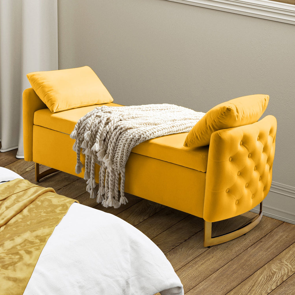 Banc de rangement capitonné avec accoudoirs, dessus relevable, rembourrage en mousse et pieds dorés | Ivoire / Moutarde / Noir / Bleu marine / Sarcelle | Simple