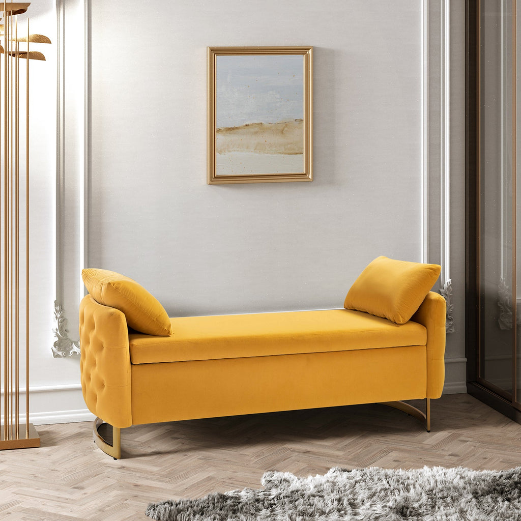 Banc de rangement capitonné avec accoudoirs, dessus relevable, rembourrage en mousse et pieds dorés | Ivoire / Moutarde / Noir / Bleu marine / Sarcelle | Simple