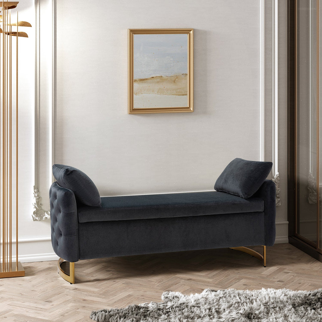 Banc de rangement capitonné avec accoudoirs, dessus relevable, rembourrage en mousse et pieds dorés | Ivoire / Moutarde / Noir / Bleu marine / Sarcelle | Simple
