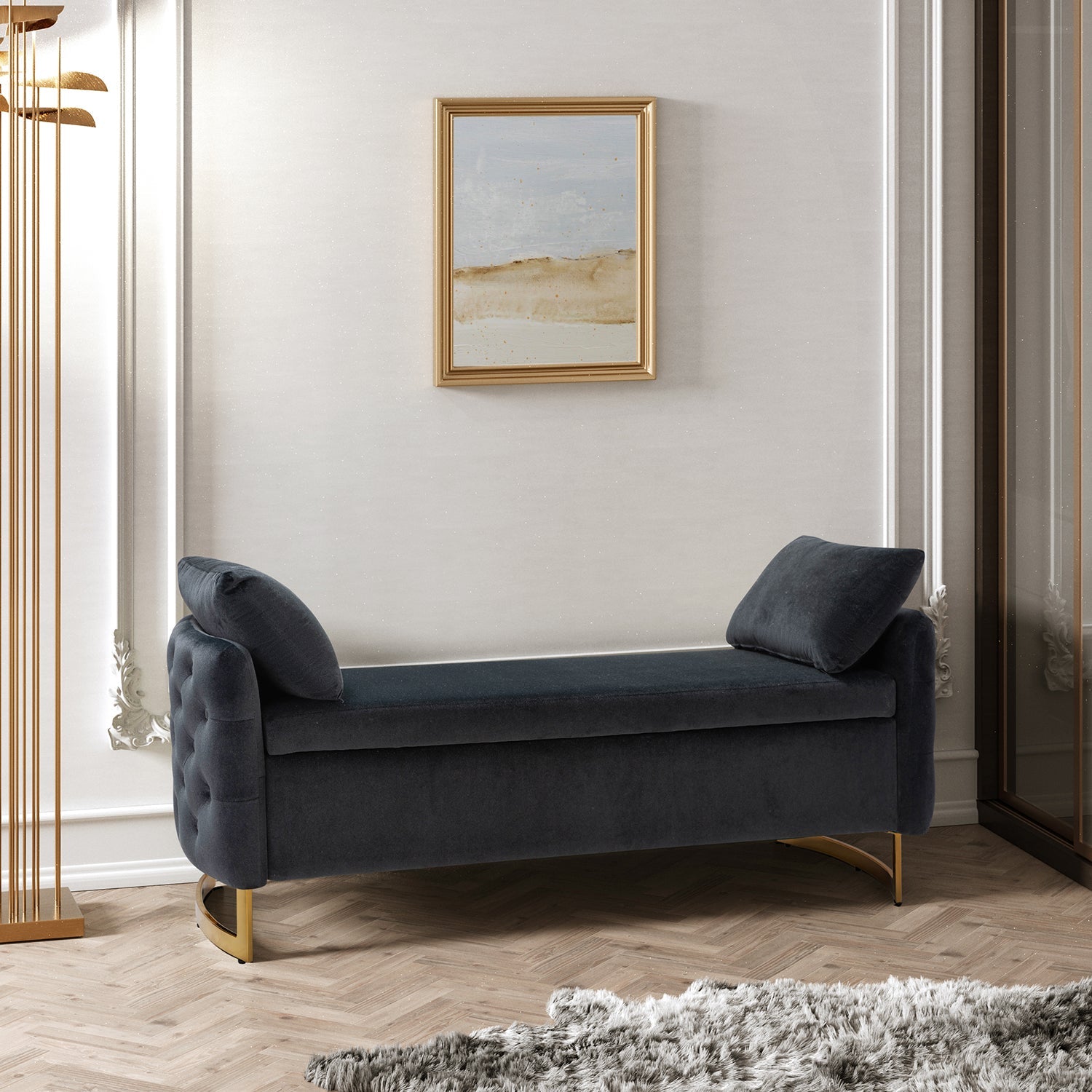 Banc de rangement capitonné avec accoudoirs, dessus relevable, rembourrage en mousse et pieds dorés | Ivoire / Moutarde / Noir / Bleu marine / Sarcelle | Simple