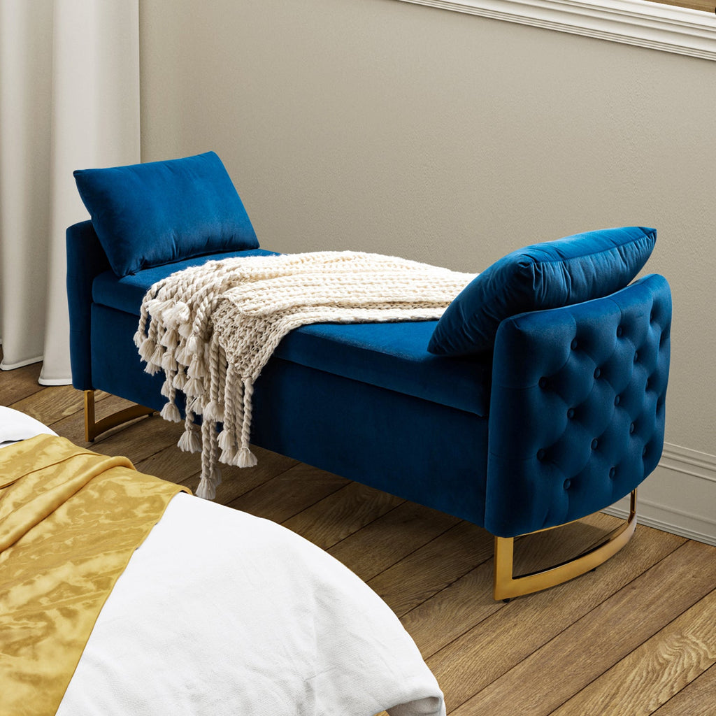 Banc de rangement capitonné avec accoudoirs, dessus relevable, rembourrage en mousse et pieds dorés | Ivoire / Moutarde / Noir / Bleu marine / Sarcelle | Simple