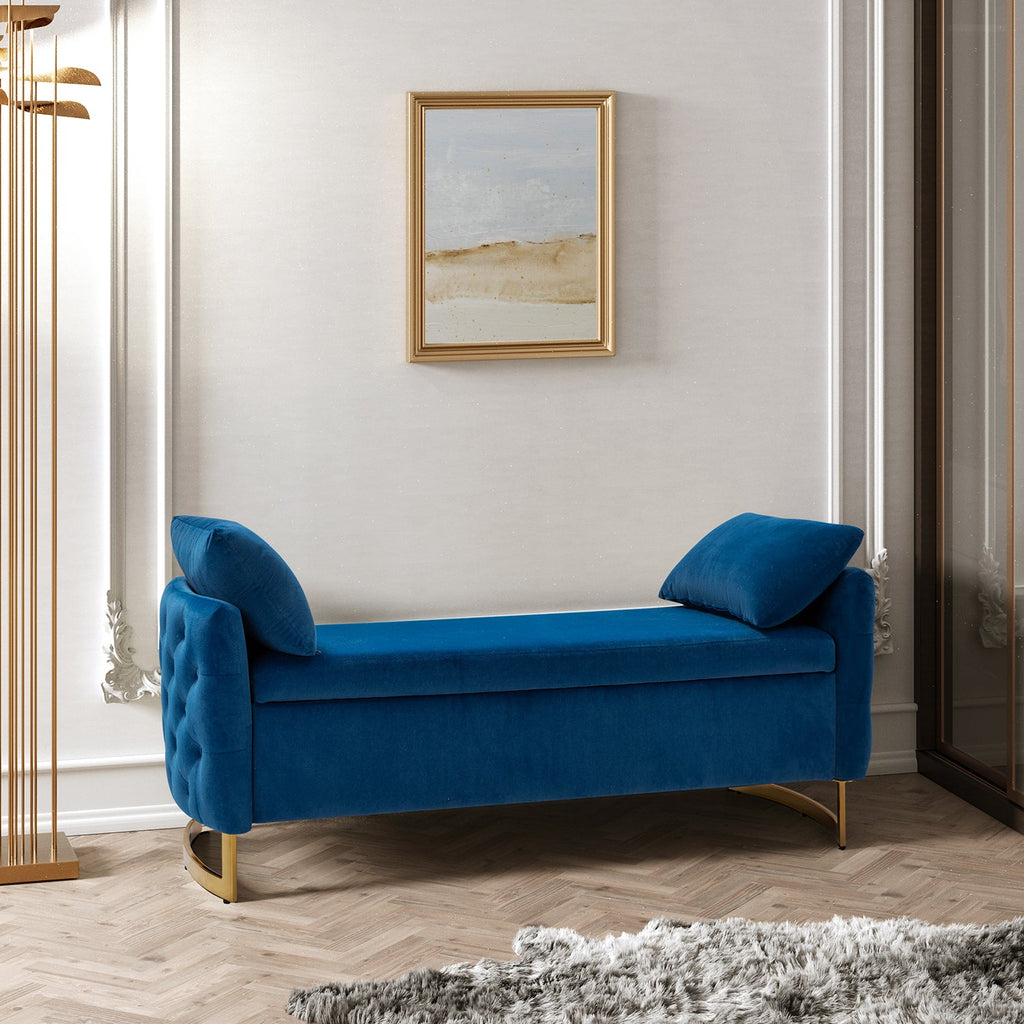 Banc de rangement capitonné avec accoudoirs, dessus relevable, rembourrage en mousse et pieds dorés | Ivoire / Moutarde / Noir / Bleu marine / Sarcelle | Simple