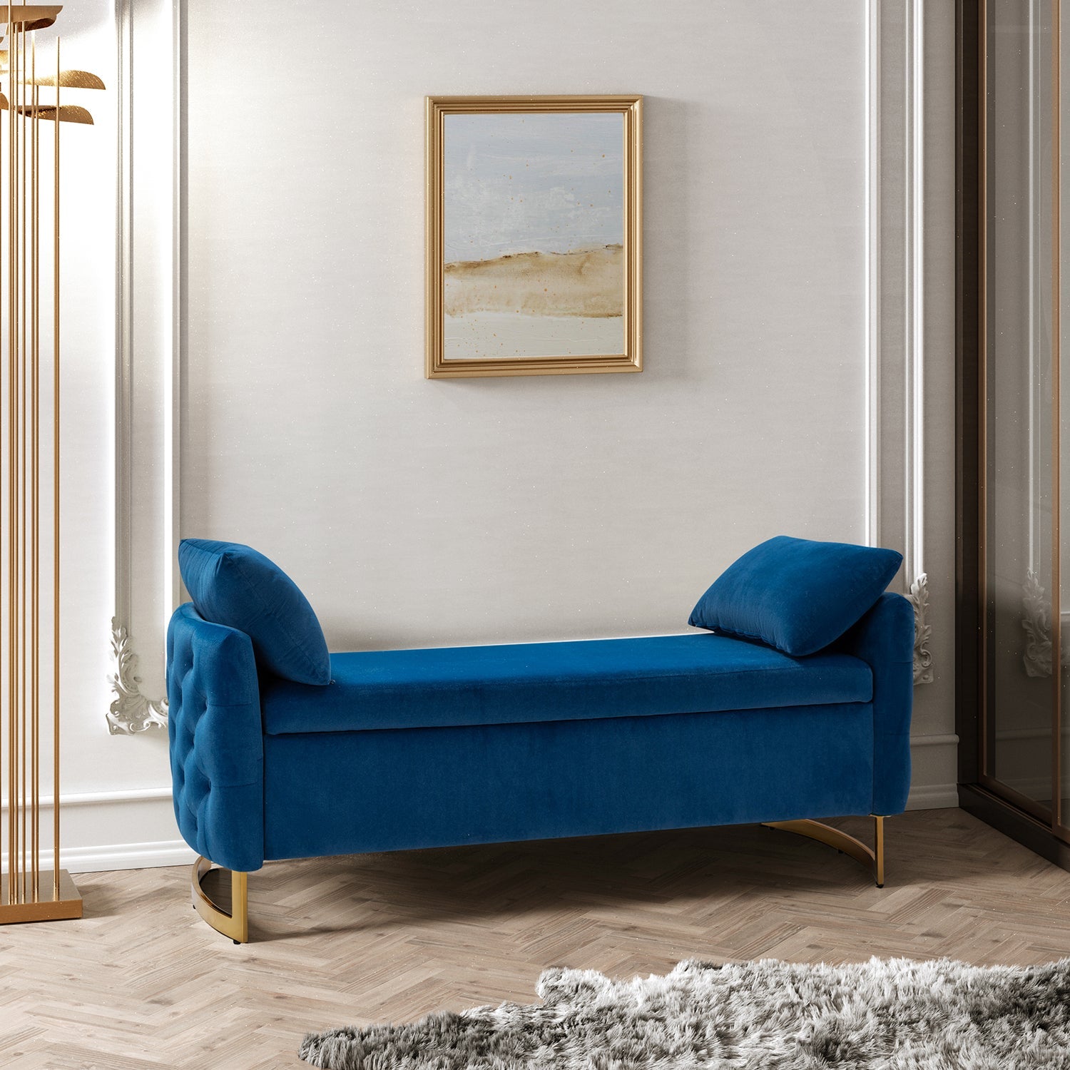 Banc de rangement capitonné avec accoudoirs, dessus relevable, rembourrage en mousse et pieds dorés | Ivoire / Moutarde / Noir / Bleu marine / Sarcelle | Simple