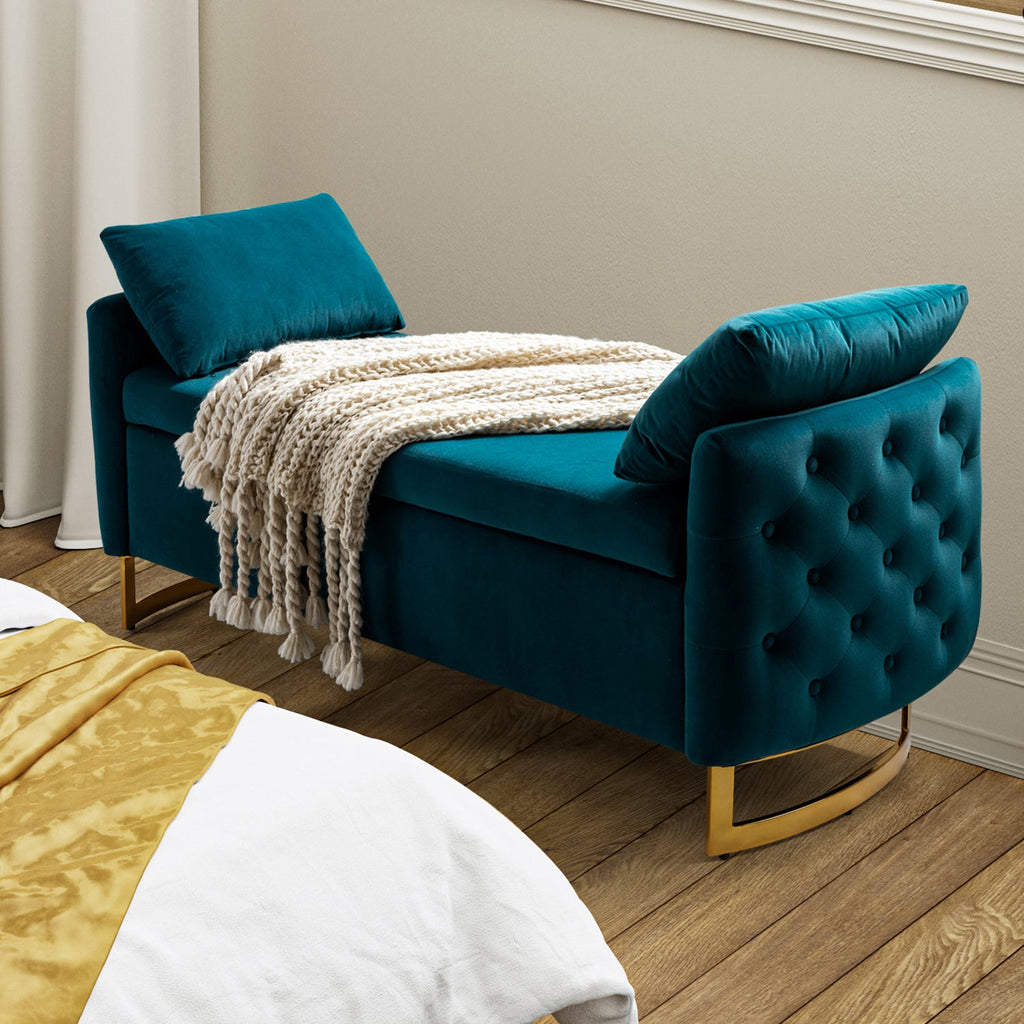 Banc de rangement capitonné avec accoudoirs, dessus relevable, rembourrage en mousse et pieds dorés | Ivoire / Moutarde / Noir / Bleu marine / Sarcelle | Simple