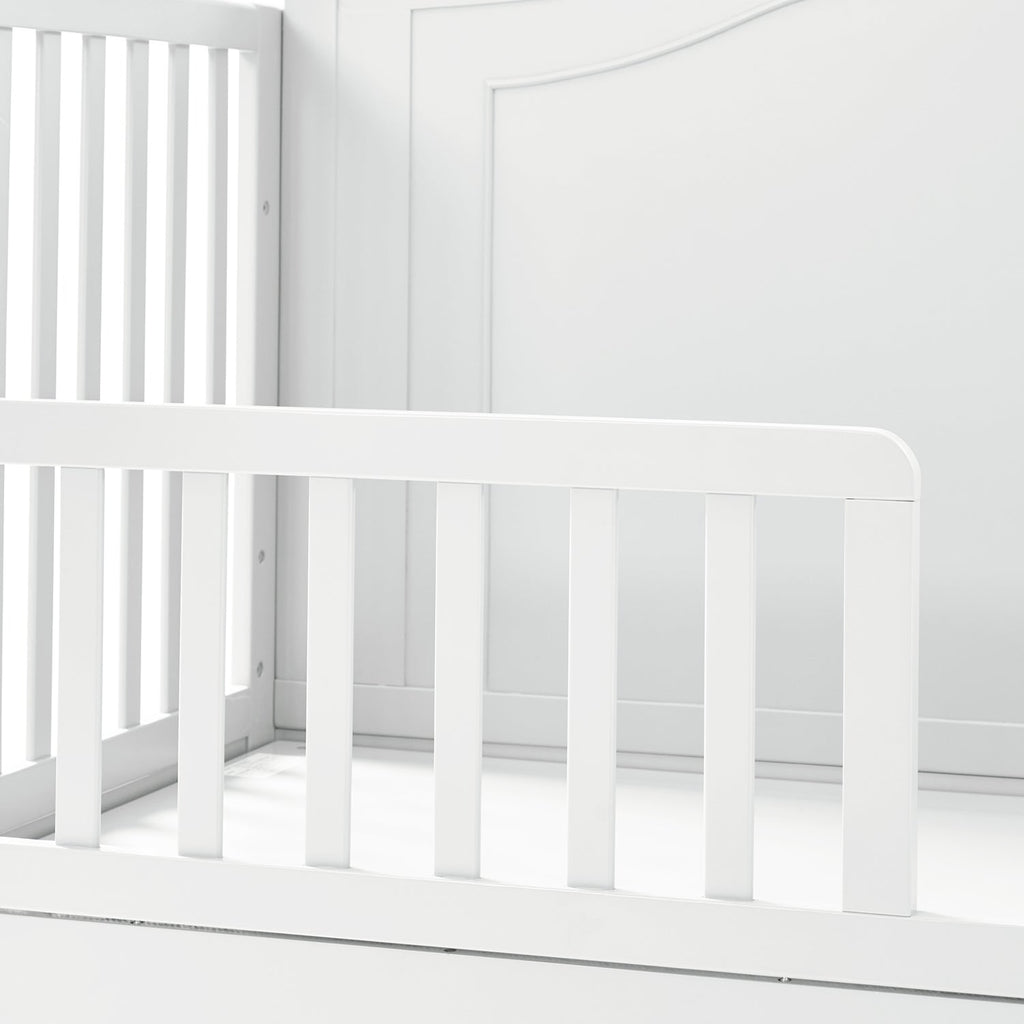 Lit de bébé convertible 5-en-1 avec berceau à bascule, lit de tout-petit, lit de repos et conversion en bureau | Blanc / Gris | Simple