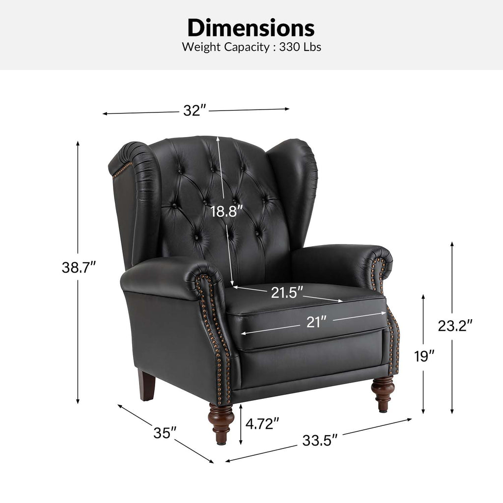 Fauteuil à oreilles en cuir véritable avec capitonnage en losanges et clous décoratifs | Bleu marine / Marron / Bordeaux / Noir | Monoplace