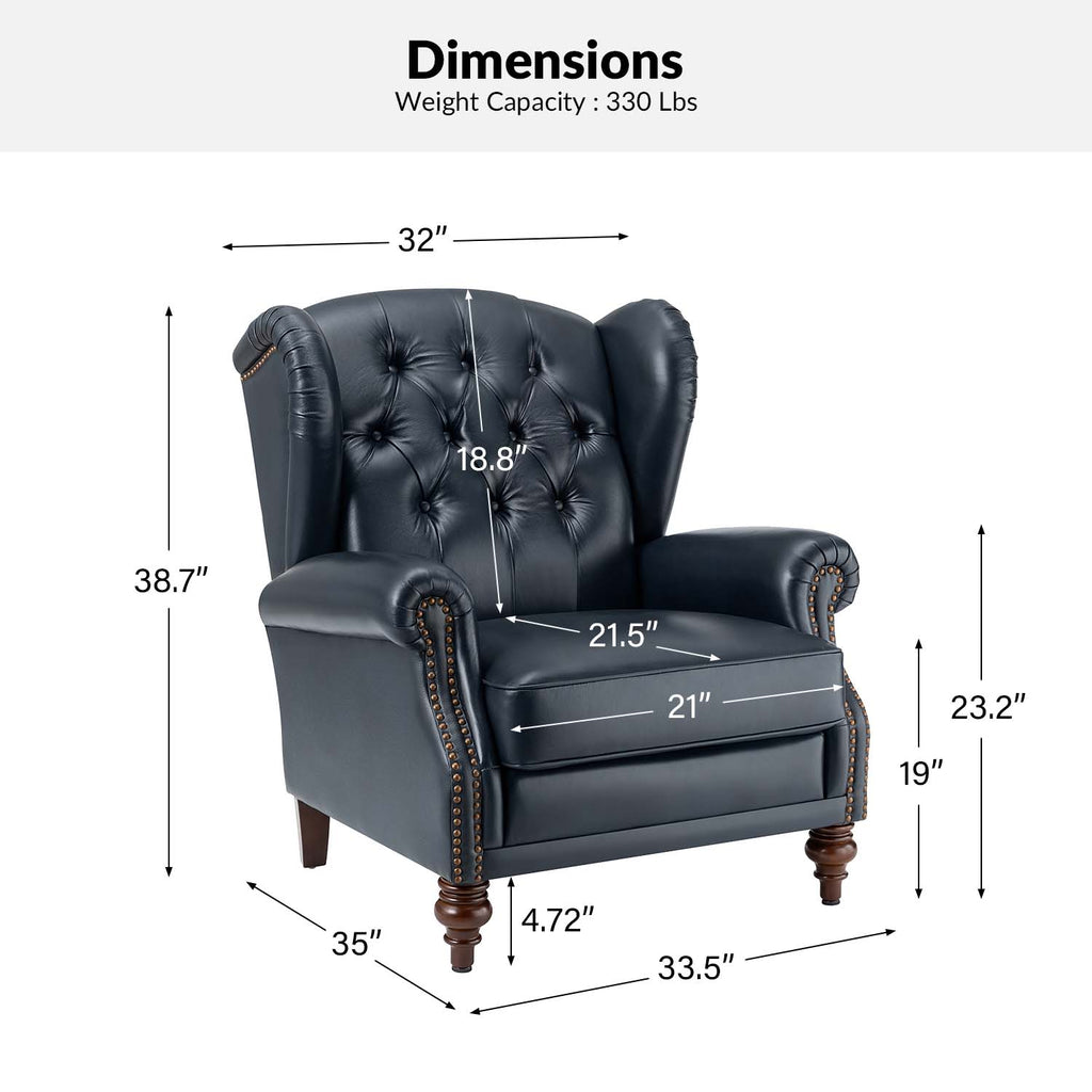 Fauteuil à oreilles en cuir véritable avec capitonnage en losanges et clous décoratifs | Bleu marine / Marron / Bordeaux / Noir | Monoplace