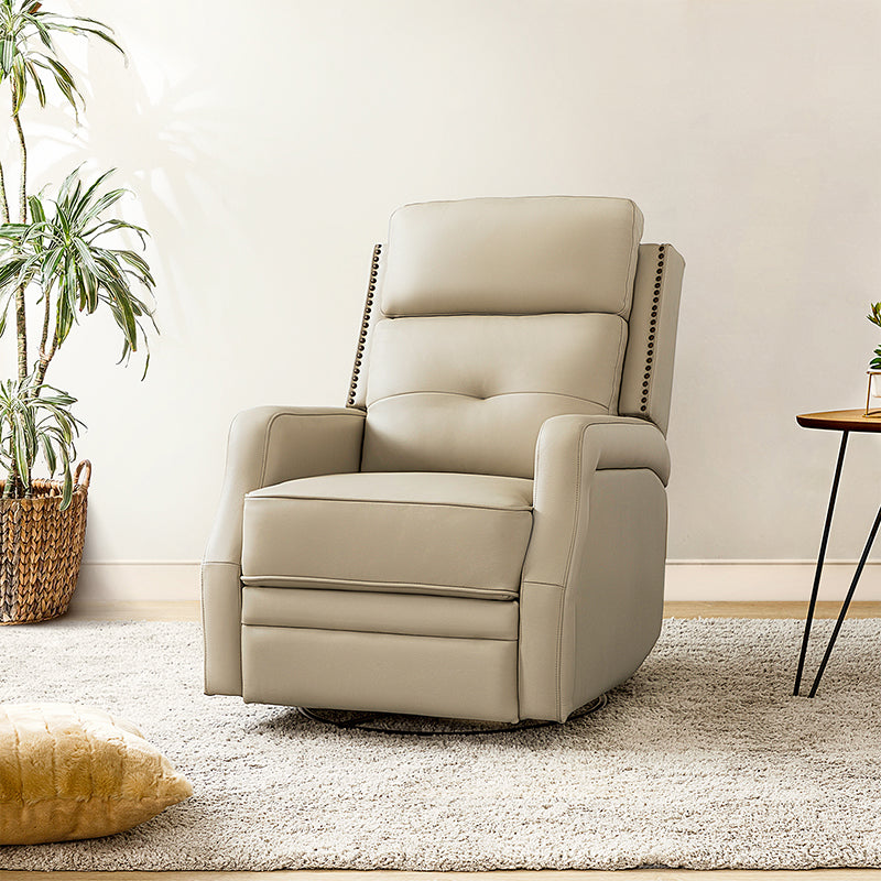 Fauteuil inclinable, pivotant et berçant en cuir véritable avec clous décoratifs et inclinaison manuelle | Gris-taupe / Brun / Bourgogne / Tourterelle / Noir / Camel / Bleu marine / Sauge / Turquoise / Beige | Une place