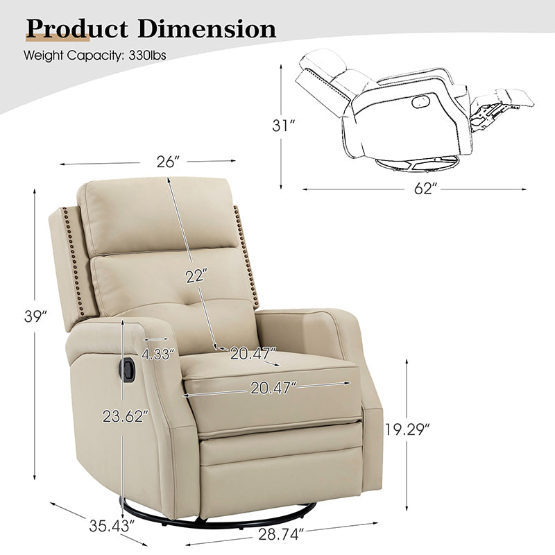 Fauteuil inclinable, pivotant et berçant en cuir véritable avec clous décoratifs et inclinaison manuelle | Gris-taupe / Brun / Bourgogne / Tourterelle / Noir / Camel / Bleu marine / Sauge / Turquoise / Beige | Une place