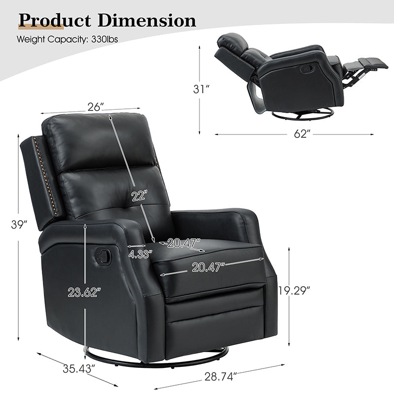 Fauteuil inclinable, pivotant et berçant en cuir véritable avec clous décoratifs et inclinaison manuelle | Gris-taupe / Brun / Bourgogne / Tourterelle / Noir / Camel / Bleu marine / Sauge / Turquoise / Beige | Une place