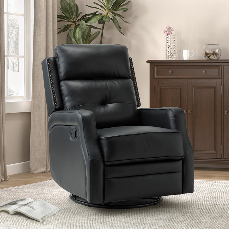 Fauteuil inclinable, pivotant et berçant en cuir véritable avec clous décoratifs et inclinaison manuelle | Gris-taupe / Brun / Bourgogne / Tourterelle / Noir / Camel / Bleu marine / Sauge / Turquoise / Beige | Une place