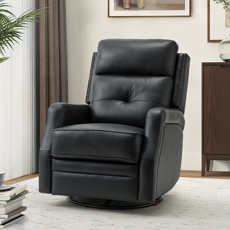 Fauteuil inclinable, pivotant et berçant en cuir véritable avec clous décoratifs et inclinaison manuelle | Gris-taupe / Brun / Bourgogne / Tourterelle / Noir / Camel / Bleu marine / Sauge / Turquoise / Beige | Une place