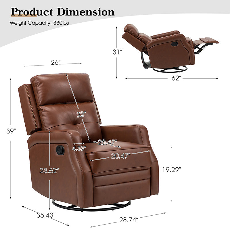 Fauteuil inclinable, pivotant et berçant en cuir véritable avec clous décoratifs et inclinaison manuelle | Gris-taupe / Brun / Bourgogne / Tourterelle / Noir / Camel / Bleu marine / Sauge / Turquoise / Beige | Une place