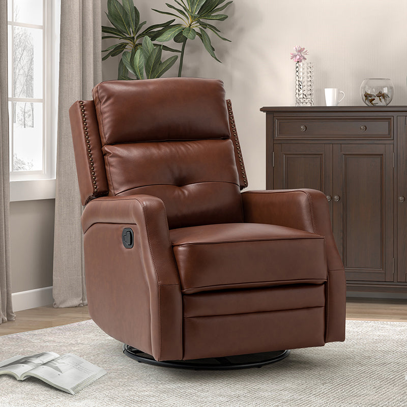 Fauteuil inclinable, pivotant et berçant en cuir véritable avec clous décoratifs et inclinaison manuelle | Gris-taupe / Brun / Bourgogne / Tourterelle / Noir / Camel / Bleu marine / Sauge / Turquoise / Beige | Une place