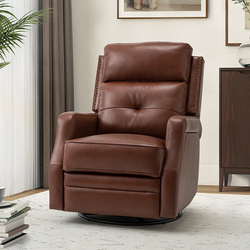 Fauteuil inclinable, pivotant et berçant en cuir véritable avec clous décoratifs et inclinaison manuelle | Gris-taupe / Brun / Bourgogne / Tourterelle / Noir / Camel / Bleu marine / Sauge / Turquoise / Beige | Une place