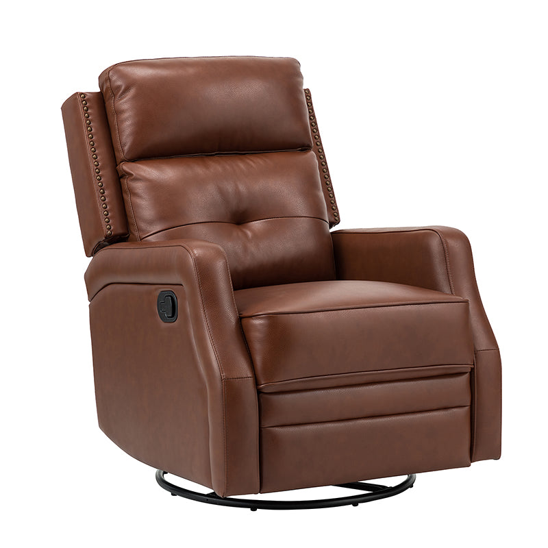 Fauteuil inclinable, pivotant et berçant en cuir véritable avec clous décoratifs et inclinaison manuelle | Gris-taupe / Brun / Bourgogne / Tourterelle / Noir / Camel / Bleu marine / Sauge / Turquoise / Beige | Une place