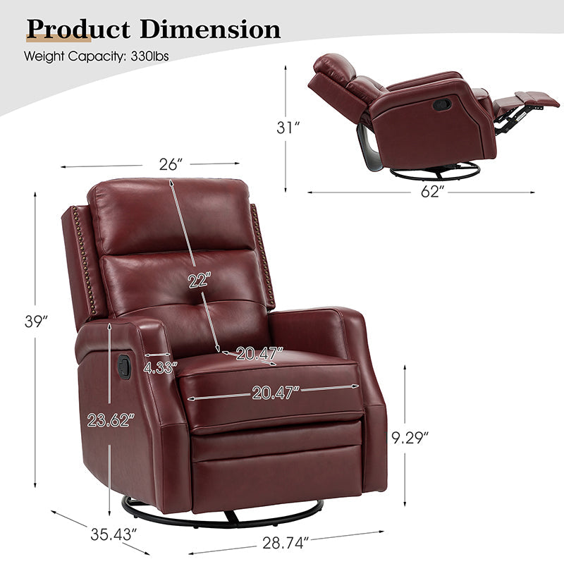 Fauteuil inclinable, pivotant et berçant en cuir véritable avec clous décoratifs et inclinaison manuelle | Gris-taupe / Brun / Bourgogne / Tourterelle / Noir / Camel / Bleu marine / Sauge / Turquoise / Beige | Une place