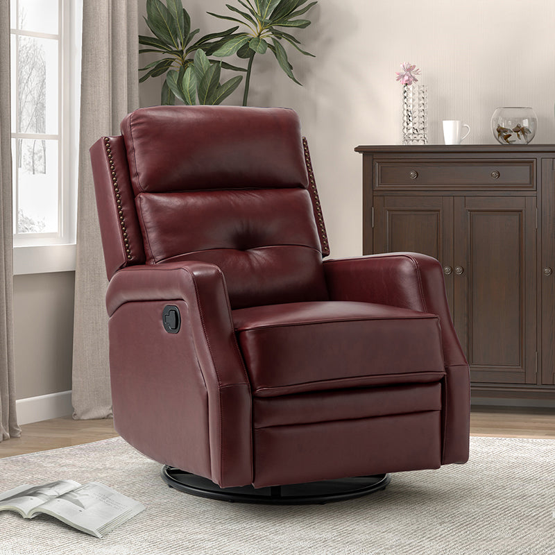 Fauteuil inclinable, pivotant et berçant en cuir véritable avec clous décoratifs et inclinaison manuelle | Gris-taupe / Brun / Bourgogne / Tourterelle / Noir / Camel / Bleu marine / Sauge / Turquoise / Beige | Une place