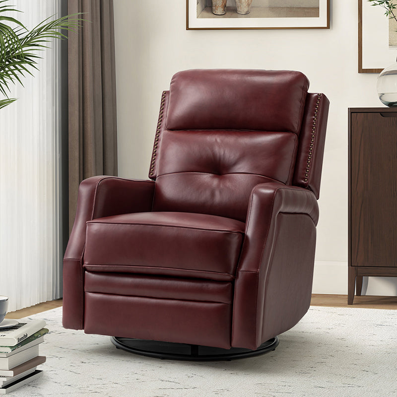 Fauteuil inclinable, pivotant et berçant en cuir véritable avec clous décoratifs et inclinaison manuelle | Gris-taupe / Brun / Bourgogne / Tourterelle / Noir / Camel / Bleu marine / Sauge / Turquoise / Beige | Une place
