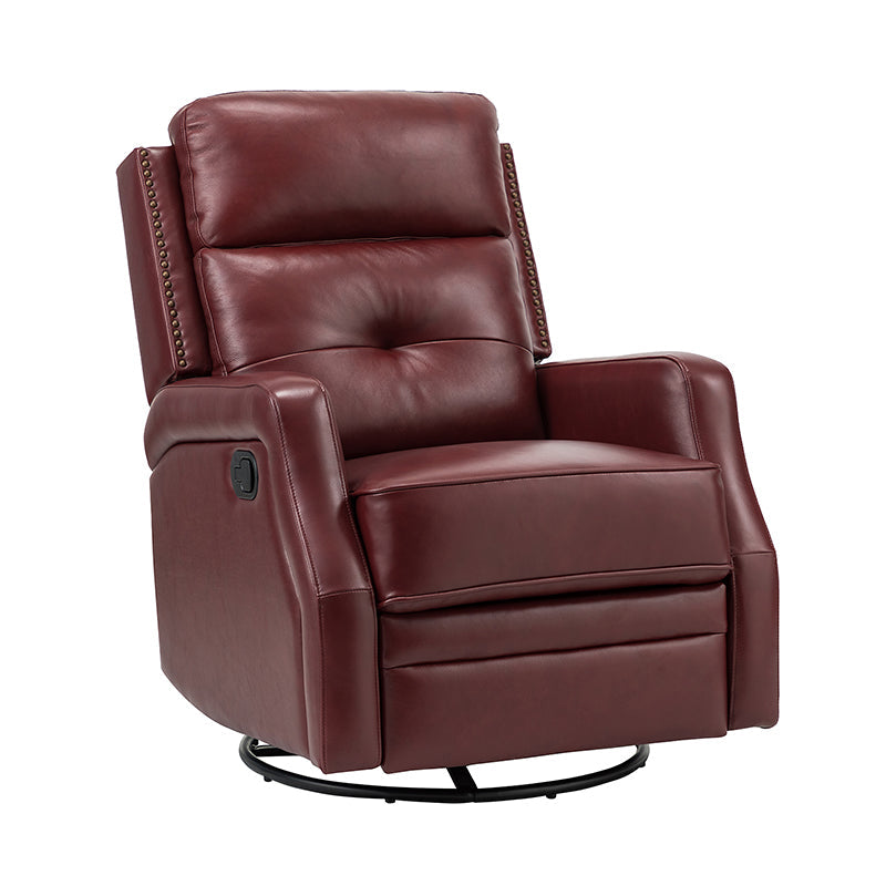 Fauteuil inclinable, pivotant et berçant en cuir véritable avec clous décoratifs et inclinaison manuelle | Gris-taupe / Brun / Bourgogne / Tourterelle / Noir / Camel / Bleu marine / Sauge / Turquoise / Beige | Une place