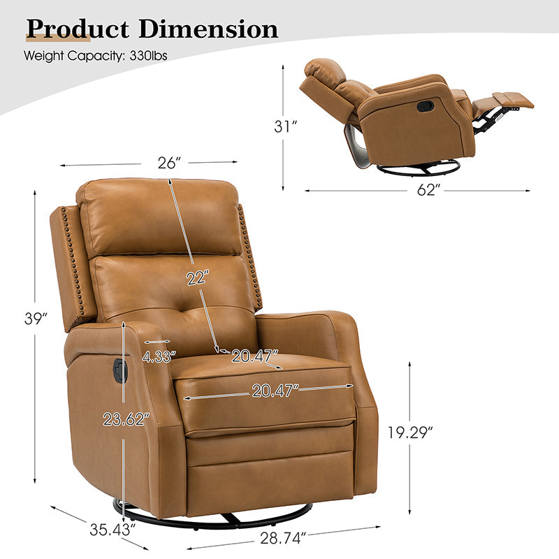 Fauteuil inclinable, pivotant et berçant en cuir véritable avec clous décoratifs et inclinaison manuelle | Gris-taupe / Brun / Bourgogne / Tourterelle / Noir / Camel / Bleu marine / Sauge / Turquoise / Beige | Une place