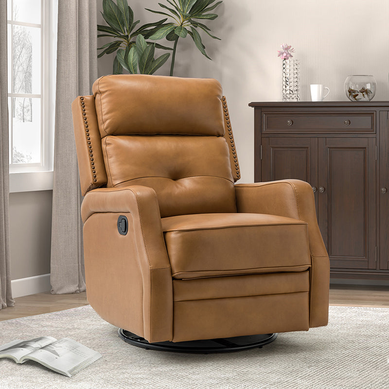 Fauteuil inclinable, pivotant et berçant en cuir véritable avec clous décoratifs et inclinaison manuelle | Gris-taupe / Brun / Bourgogne / Tourterelle / Noir / Camel / Bleu marine / Sauge / Turquoise / Beige | Une place