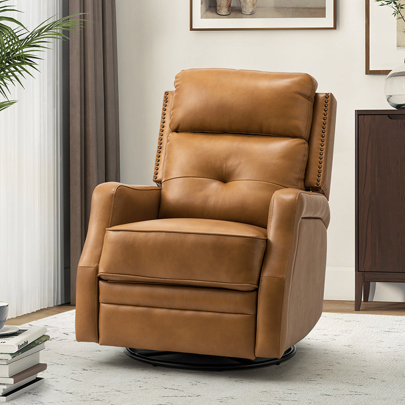 Fauteuil inclinable, pivotant et berçant en cuir véritable avec clous décoratifs et inclinaison manuelle | Gris-taupe / Brun / Bourgogne / Tourterelle / Noir / Camel / Bleu marine / Sauge / Turquoise / Beige | Une place