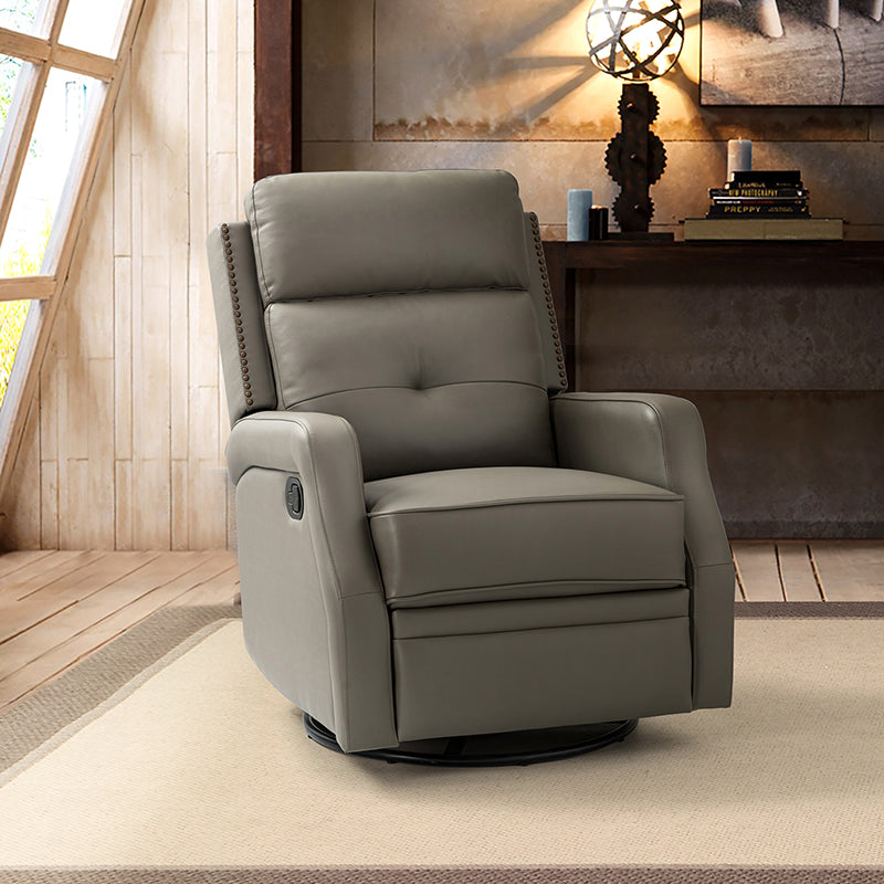 Fauteuil inclinable, pivotant et berçant en cuir véritable avec clous décoratifs et inclinaison manuelle | Gris-taupe / Brun / Bourgogne / Tourterelle / Noir / Camel / Bleu marine / Sauge / Turquoise / Beige | Une place