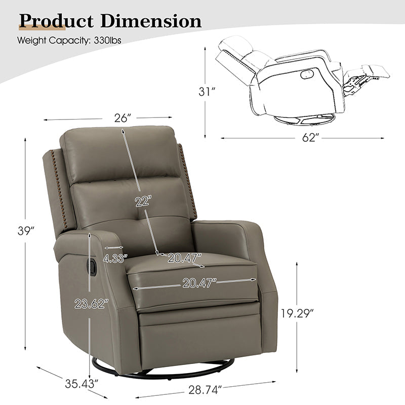 Fauteuil inclinable, pivotant et berçant en cuir véritable avec clous décoratifs et inclinaison manuelle | Gris-taupe / Brun / Bourgogne / Tourterelle / Noir / Camel / Bleu marine / Sauge / Turquoise / Beige | Une place