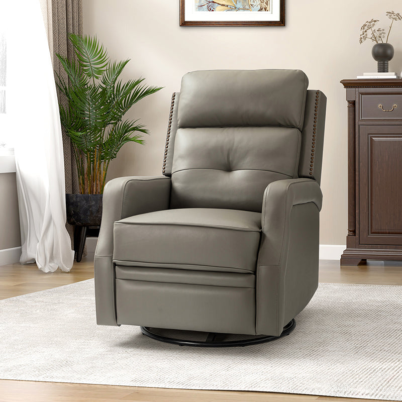 Fauteuil inclinable, pivotant et berçant en cuir véritable avec clous décoratifs et inclinaison manuelle | Gris-taupe / Brun / Bourgogne / Tourterelle / Noir / Camel / Bleu marine / Sauge / Turquoise / Beige | Une place