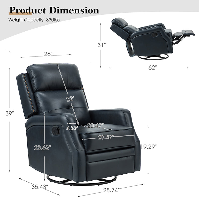 Fauteuil inclinable, pivotant et berçant en cuir véritable avec clous décoratifs et inclinaison manuelle | Gris-taupe / Brun / Bourgogne / Tourterelle / Noir / Camel / Bleu marine / Sauge / Turquoise / Beige | Une place