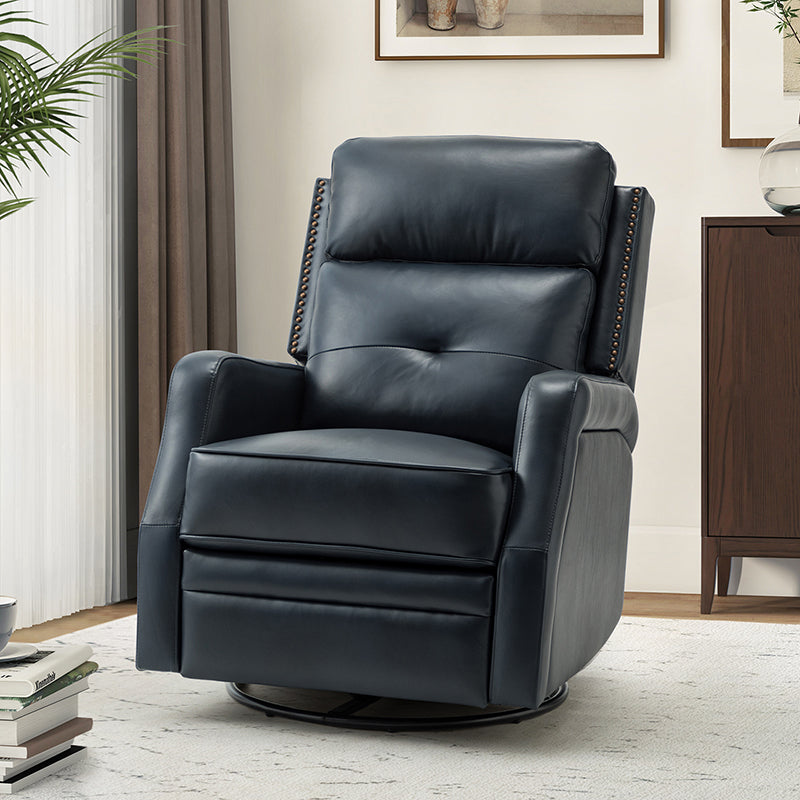 Fauteuil inclinable, pivotant et berçant en cuir véritable avec clous décoratifs et inclinaison manuelle | Gris-taupe / Brun / Bourgogne / Tourterelle / Noir / Camel / Bleu marine / Sauge / Turquoise / Beige | Une place