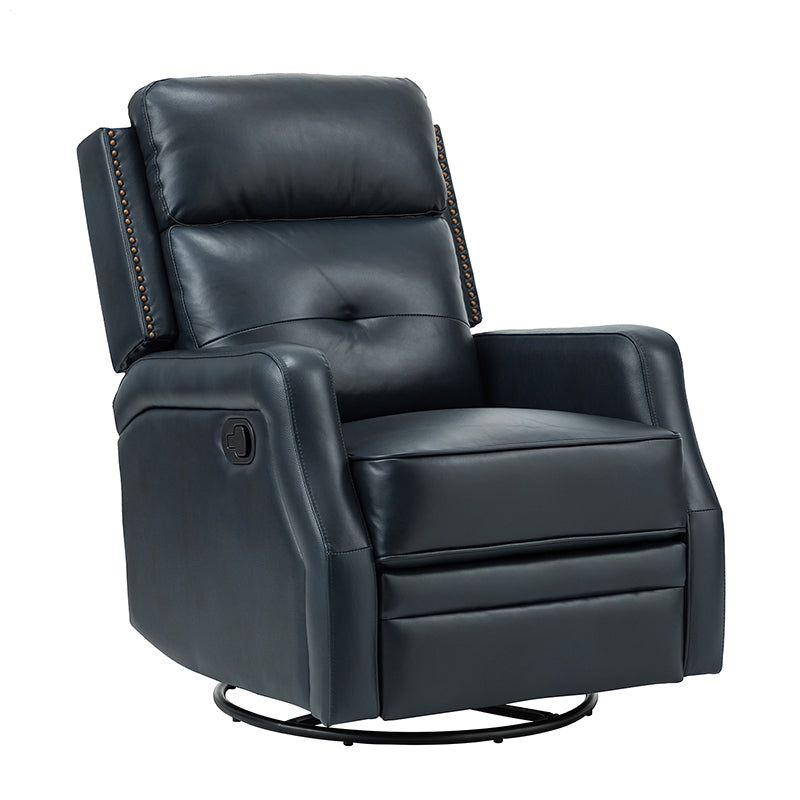 Fauteuil inclinable, pivotant et berçant en cuir véritable avec clous décoratifs et inclinaison manuelle | Gris-taupe / Brun / Bourgogne / Tourterelle / Noir / Camel / Bleu marine / Sauge / Turquoise / Beige | Une place