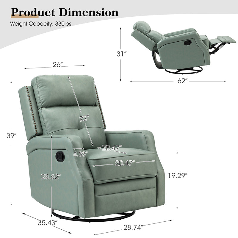 Fauteuil inclinable, pivotant et berçant en cuir véritable avec clous décoratifs et inclinaison manuelle | Gris-taupe / Brun / Bourgogne / Tourterelle / Noir / Camel / Bleu marine / Sauge / Turquoise / Beige | Une place