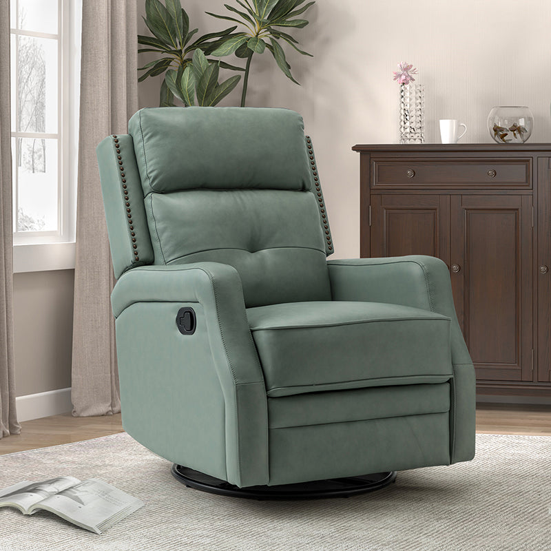 Fauteuil inclinable, pivotant et berçant en cuir véritable avec clous décoratifs et inclinaison manuelle | Gris-taupe / Brun / Bourgogne / Tourterelle / Noir / Camel / Bleu marine / Sauge / Turquoise / Beige | Une place