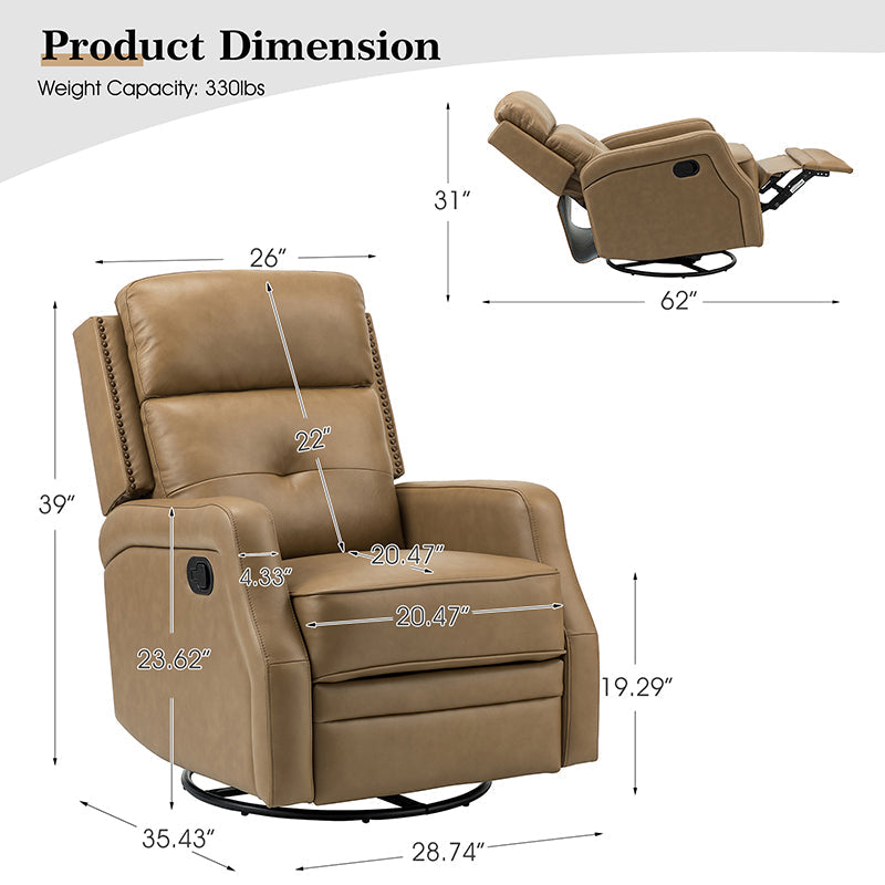 Fauteuil inclinable, pivotant et berçant en cuir véritable avec clous décoratifs et inclinaison manuelle | Gris-taupe / Brun / Bourgogne / Tourterelle / Noir / Camel / Bleu marine / Sauge / Turquoise / Beige | Une place