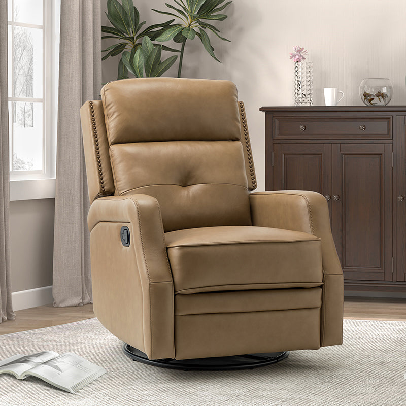 Fauteuil inclinable, pivotant et berçant en cuir véritable avec clous décoratifs et inclinaison manuelle | Gris-taupe / Brun / Bourgogne / Tourterelle / Noir / Camel / Bleu marine / Sauge / Turquoise / Beige | Une place